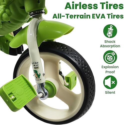 Miniatura 4 de Triciclo de dinosaurio para niños de 3 a 7 años, triciclo para niños pequeños, rueda grande con luces, música y neumáticos sin aire, para interiores