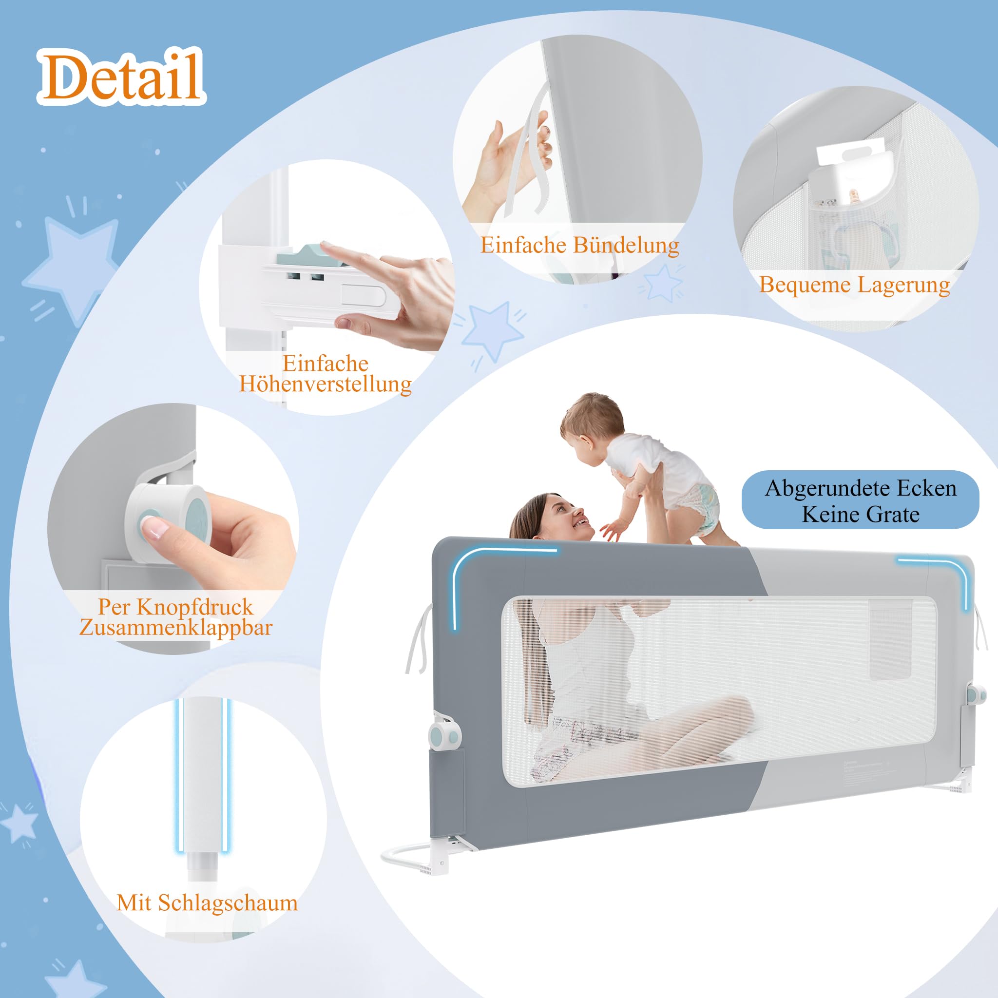 HENGMEI Zanzariera per letto da 150 cm, pieghevole a 180 gradi, rete traspirante regolabile in altezza (grigio + grigio chiaro)