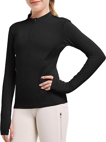 FitsT4 Sports Girls Long Sleeves Shirts Thumbhole English Horse Riding Shirt UPF50 Quick Dry Kids Equestrain Half Zip Jacket