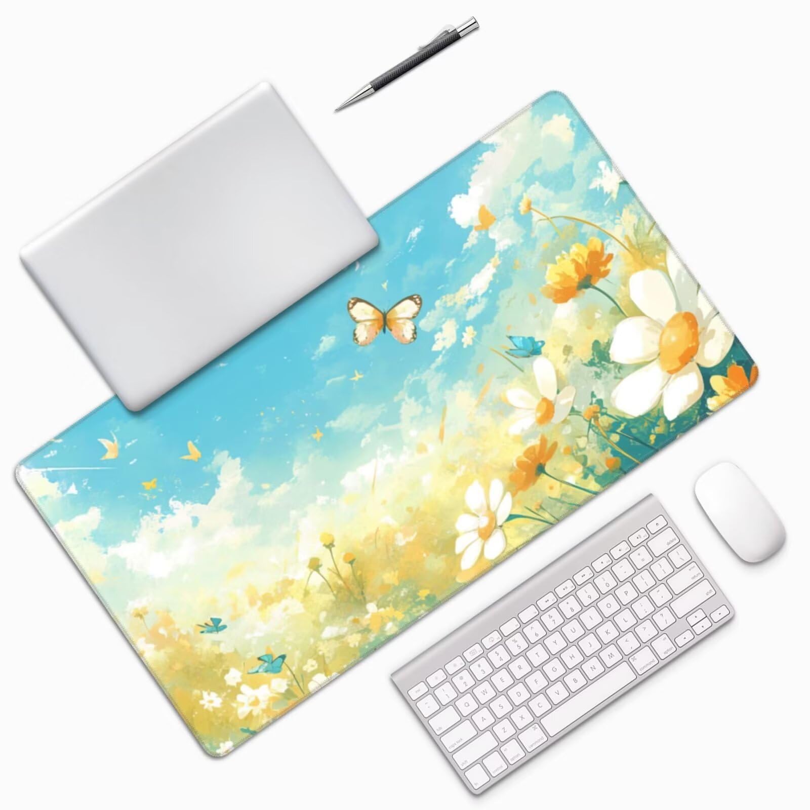 Gaming Mauspad XXL 1200x600x3mm Mousepad Verlängertes Groß Mauspad Schreibtischauflage, Genähte Kanten rutschfeste Gummibasis, Verbessert Präzision Geschwindigkeit Weißer Blumenschmetterling L-2684