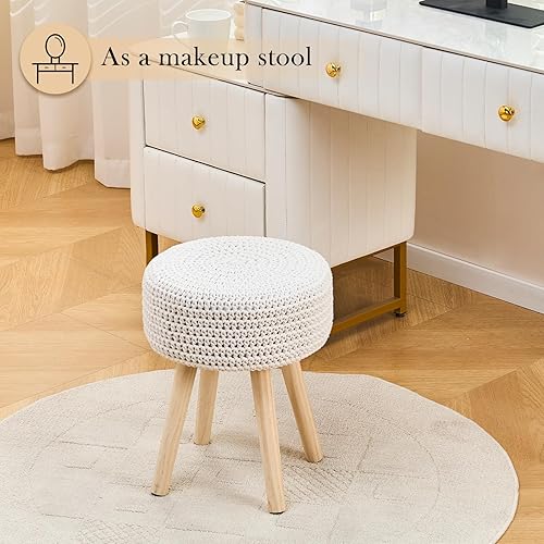Miniatura 4 de Taburete redondo otomano de punto de algodón, taburete moderno con patas de madera antideslizantes para sala de estar, dormitorio, color blanco