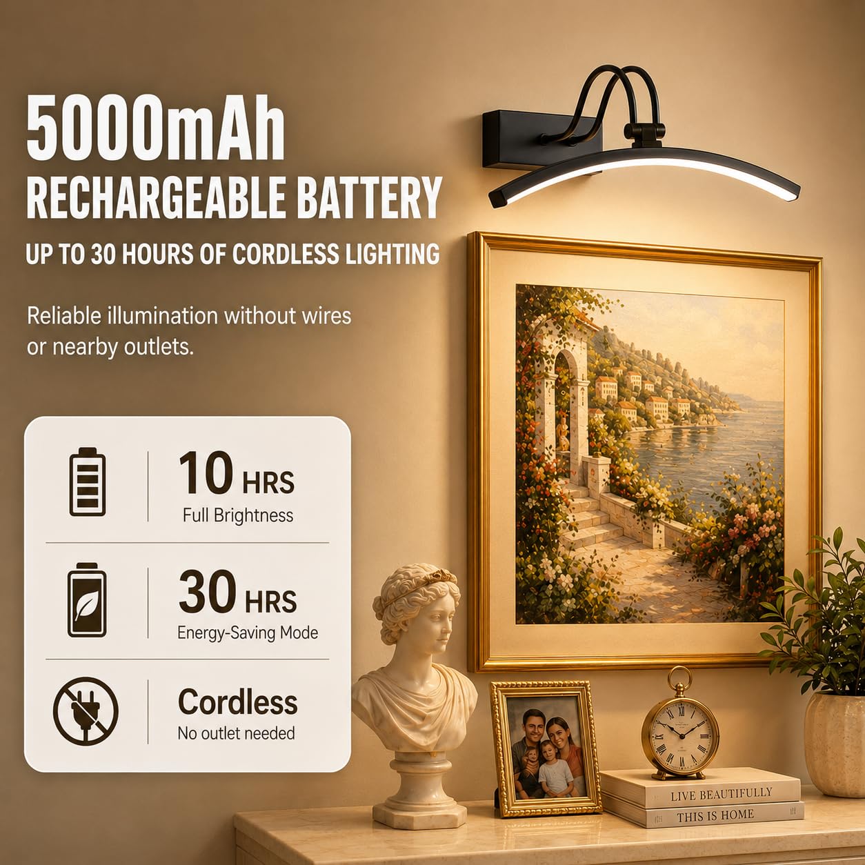 PAIHOME Luce per immagini a batteria con telecomando e funzione dimmerabile, 400 cm, nera, ricaricabile, 5000 mAh, 3 colori e luminosità, luce artistica per dipinti, opere d'arte in galleria, ritratti