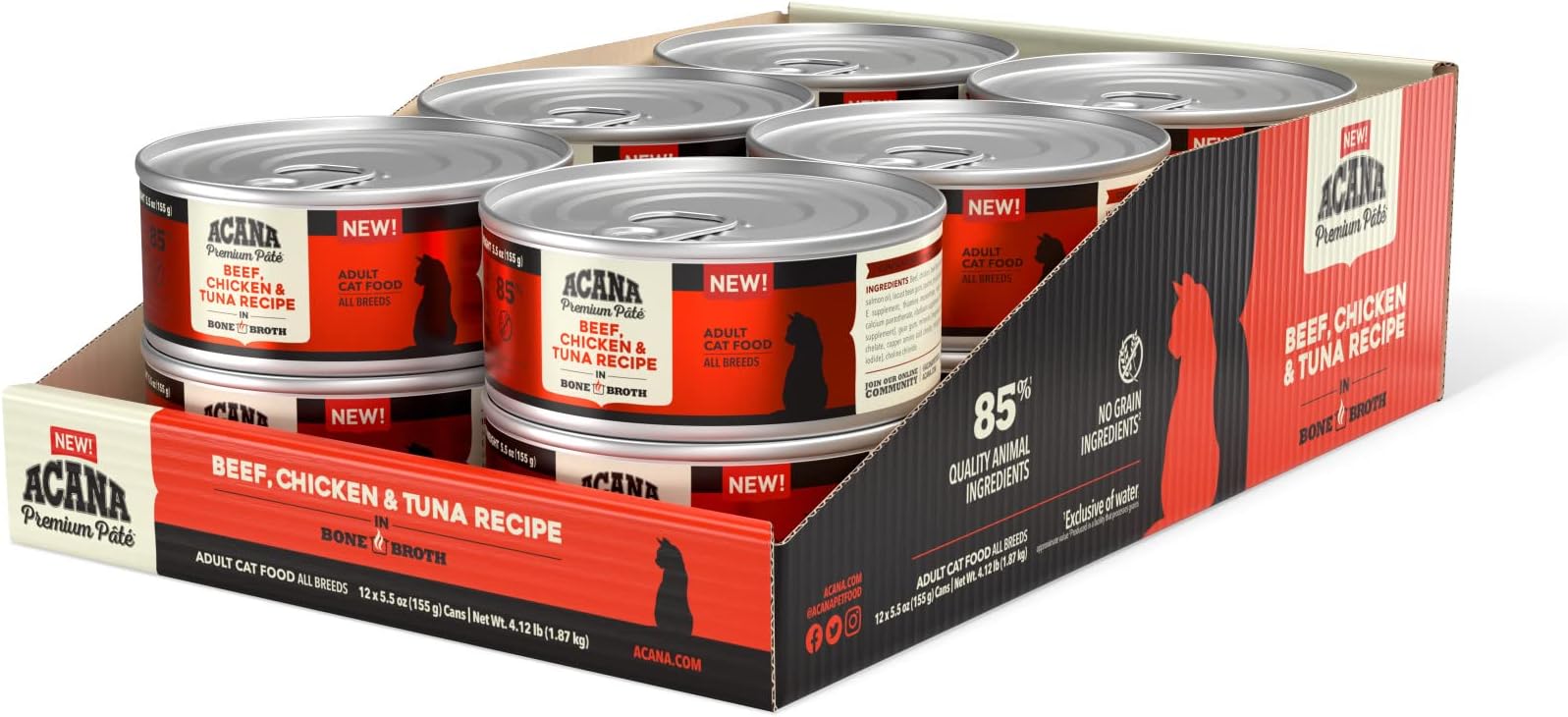 ACANA Premium Pate Wet Cat Food in Bone Broth Beef Chicken + Tuna Recipe 5.5oz Cans (12 count)