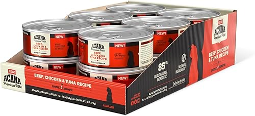 ACANA Paté Premium de Comida Húmeda para Gatos en Caldo de Huesos Receta de Res, Pollo + Atún Latas de 5.5oz (12 unidades)