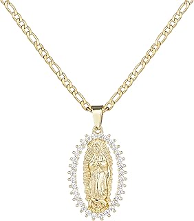 Virgin Mary Necklace for Women 14K Gold Plated Our Lady of Guadalupe Mother Mary Pendant Oval Zircon Inlay Charm Figaro Chain Necklaces Catholic Gift