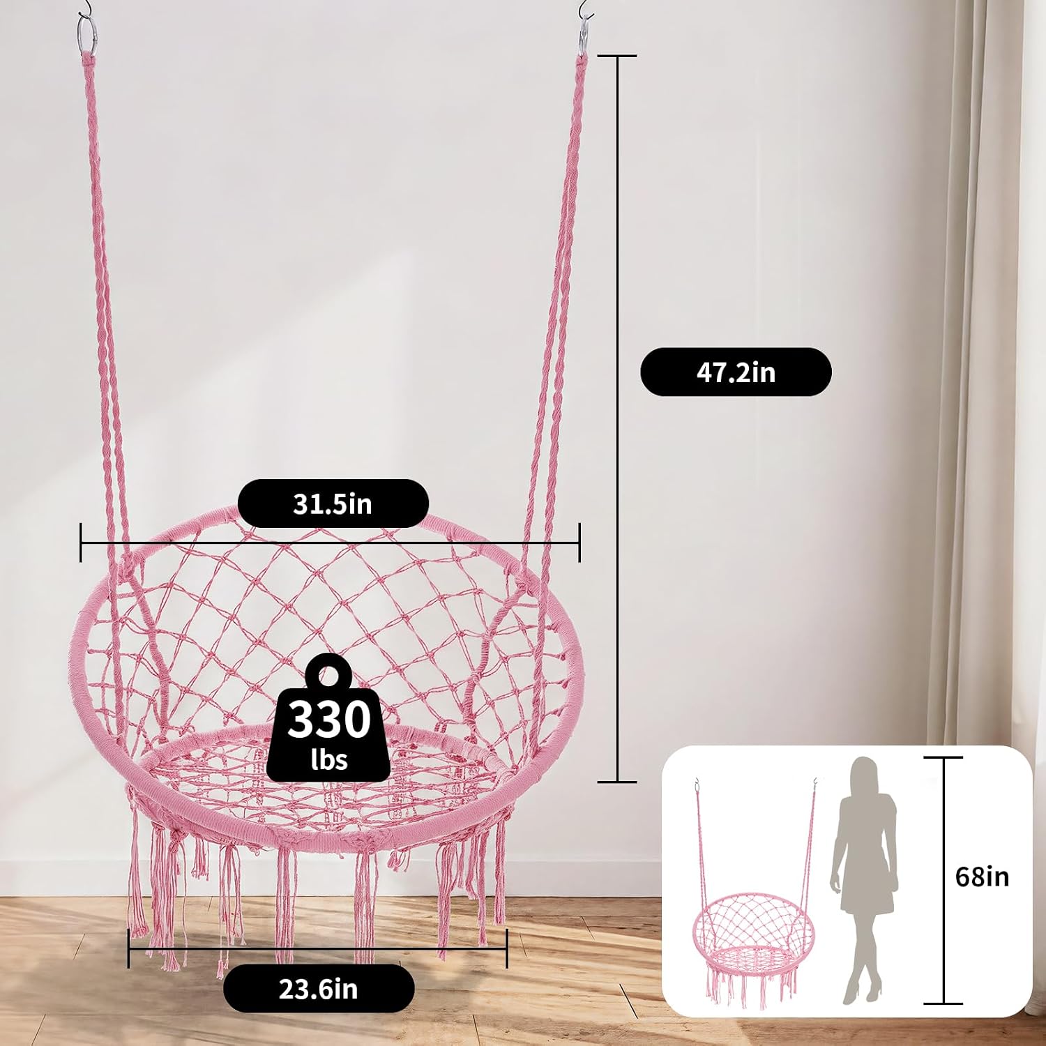 Garpans Hammock Chair Macrame Swing Bohemian Style Hammock Swing Chair with Tassels Hanging Swing Chair Handmade Knitted Cotton Rope for Indoor Outdoor Bedroom Patio Max 330 Lbs Pink