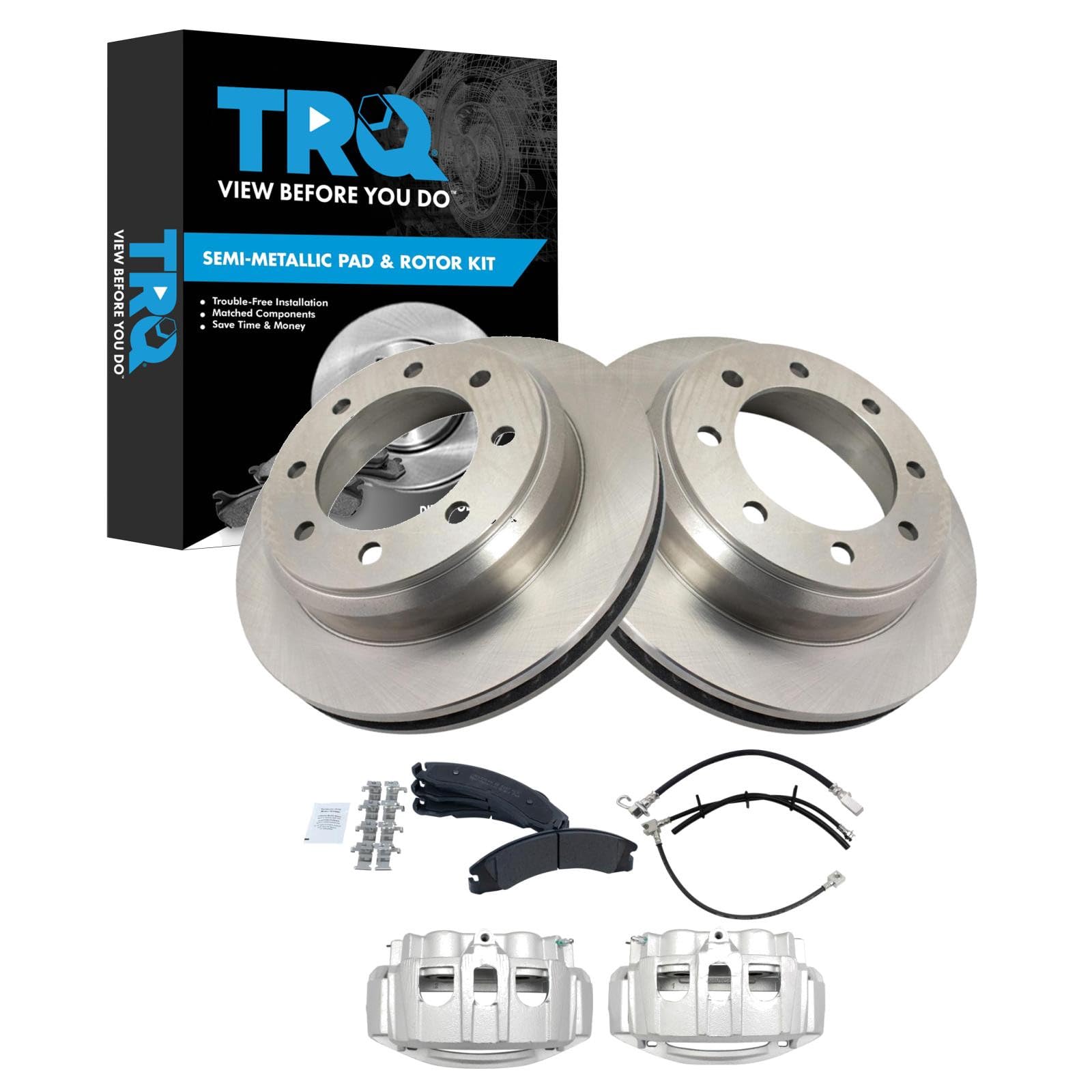 TRQ Rear Brake Pad &amp; Rotor Kit Semi-Metallic Compatible with 2008-2019 Ford E-350 Super Duty