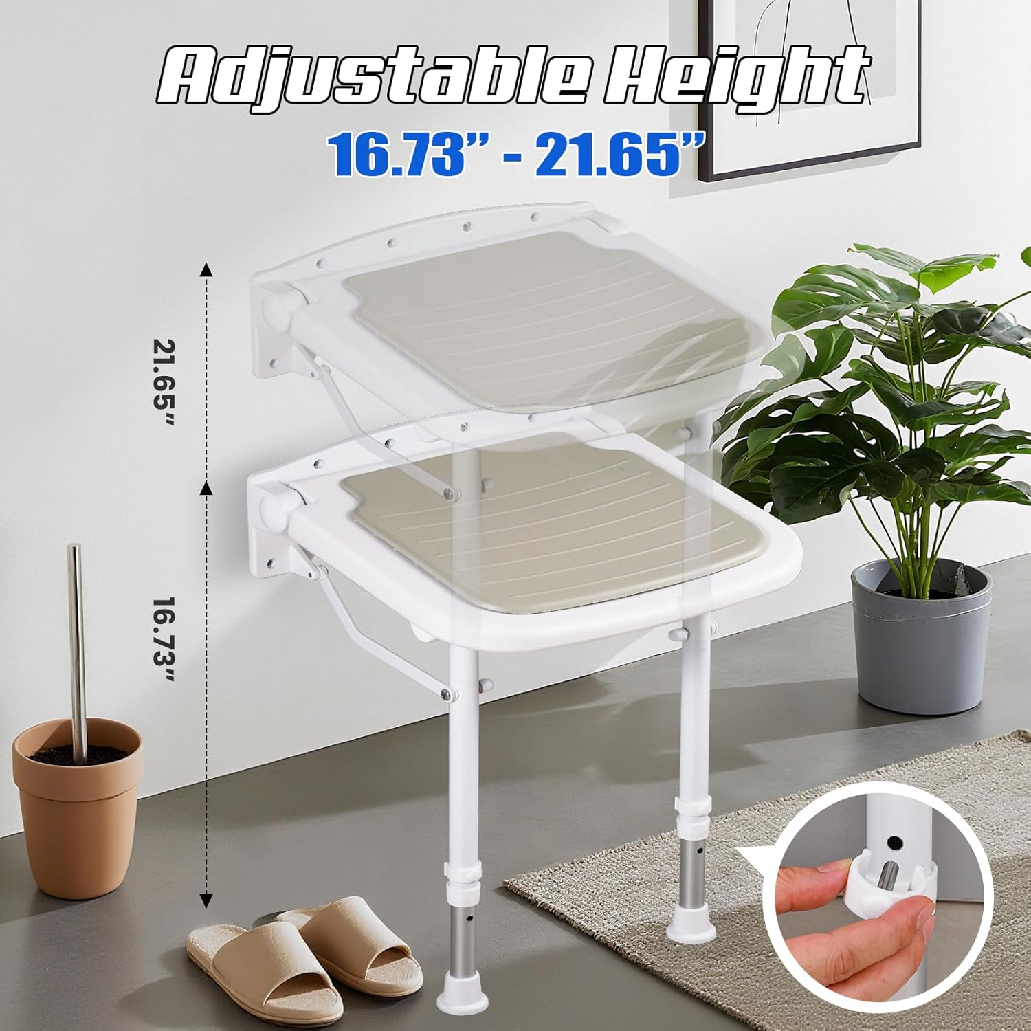 NEWTRY 15" Folding Shower Seat Wall Mounted with Bathroom Grab Bar, 550lb Fold Down Shower Seat Adjustable Height Foldable Shower Chair with Smart Suction Cup Handrail for Home Care & Bathroom