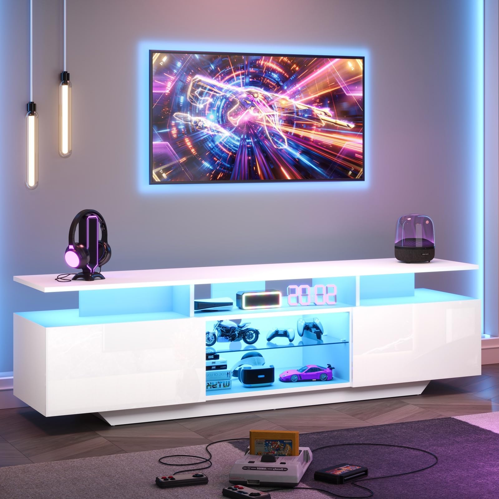 160cm Meuble TV Brillante LED 16 Couleurs et Rangement pour TV 70"