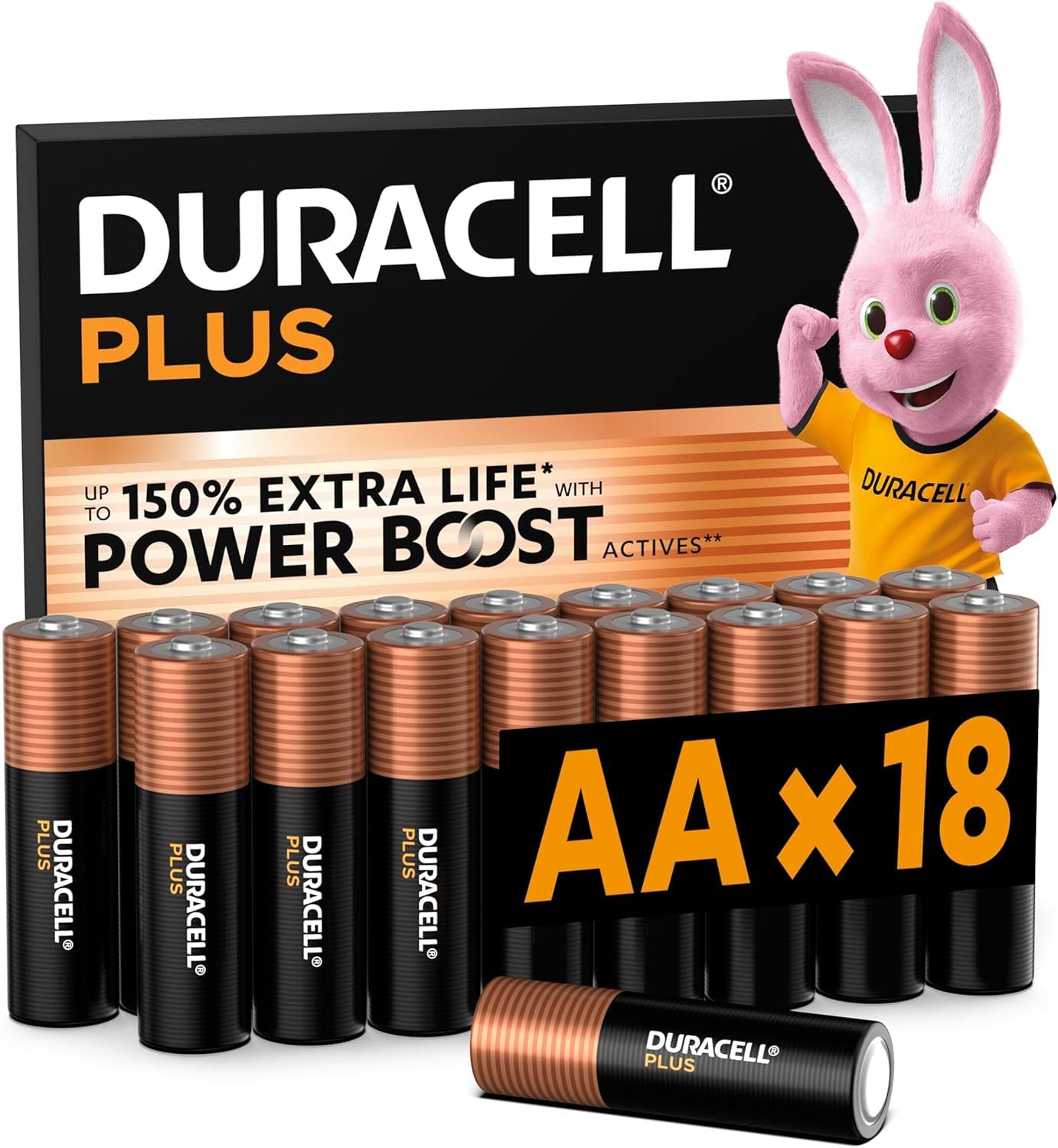 Plus AA Batteries (18 Pack) – Alkaline Batteries 1.5V – Up to 150% Extra Life with POWER BOOST Actives– Reliability For Everyday Devices – 0% Plastic Packaging – 10-Year Storage - LR6 MN1500