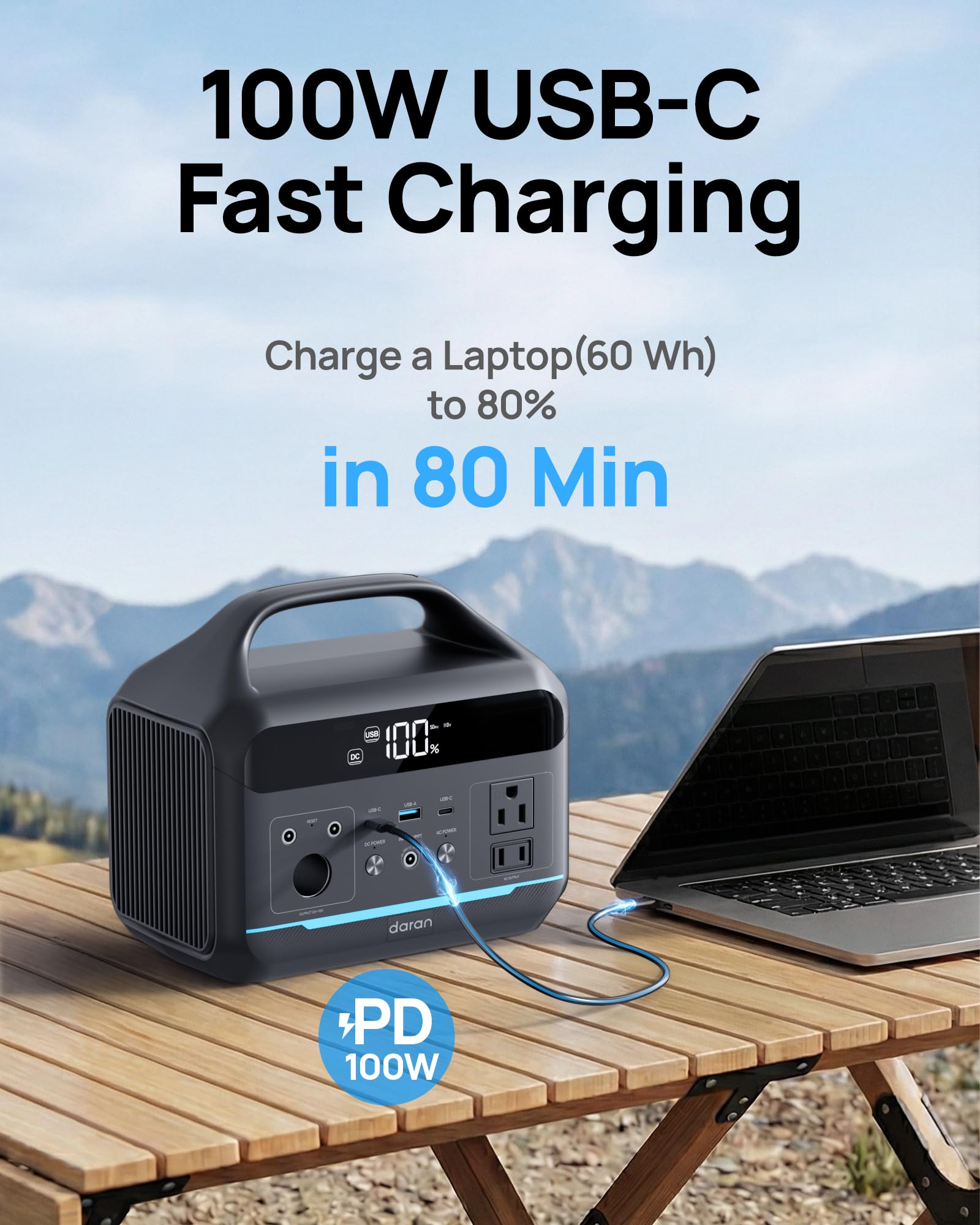 DARAN Station d'alimentation portable 600 W (surtension de 1200 W) – Générateur solaire 288 Wh (90 000 mAh) Batterie LiFePO4 avec prises AC DC, station de charge portable de 3,8 kg pour camping