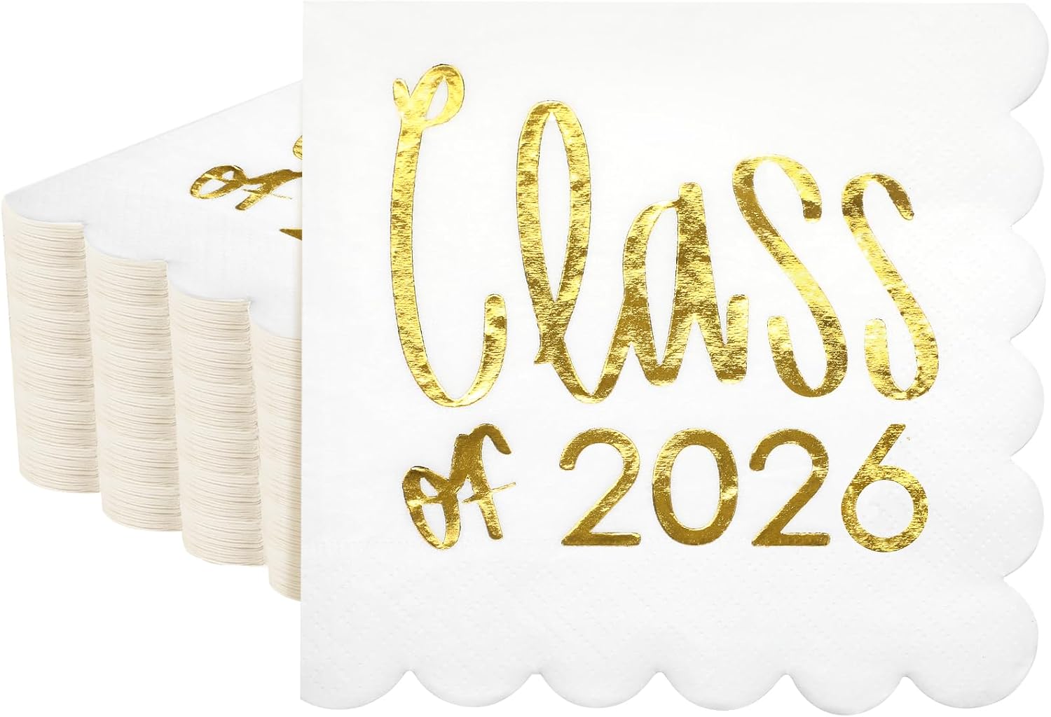 Affrolling 100 Pcs Class of 2026 Graduation Cocktail Napkins 5 x 5 Inch Congrats Grad Scalloped Paper Napkins for Dinner Beverage Graduate Decorations(Gold)