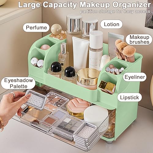 Miniatura 2 de DASITON Organizador de maquillaje de gran capacidad para tocador con 2 cajones, organizadores de cuidado de la piel con soporte para brochas de