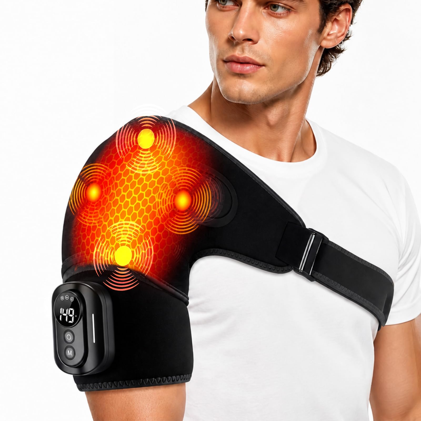 Triple méthode Masseur d'épaule avec chaleur et vibration, 5 niveaux de chaleur et 5 modes, 5000 mAh, séparation magnétique, réglable, respirant – Vainqueur du test Appareil de massage des épaules