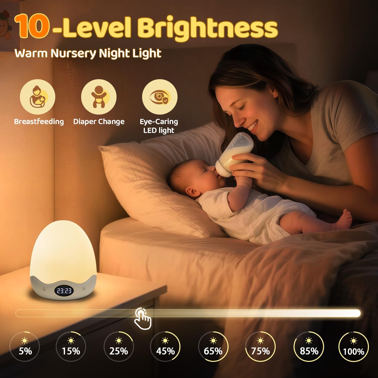 COOLNIGHT Nursery Night Light with Clock,10 Brightness+10 Colors Egg Light for Nursery,Touch+Remote+3600mAh Rechargeable Egg Night Light for Baby Nursery,Warm Light for Breastfeeding 1h Timer&Portable