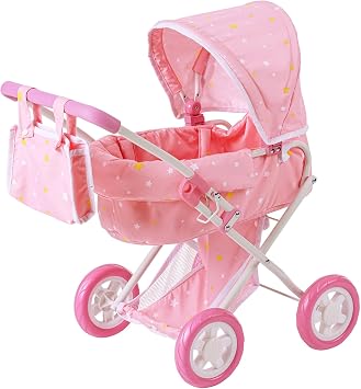 Olivias Little World - Play Baby Doll Bassinet Stroller, Baby Doll Pram Stroller Buggy for 3 4 5 Year Old Girls, Toy Stroller for Toddlers 1-3, Twinkle Stars Princess Deluxe Toy Stroller - Pink/White | Deluxe Doll Pram Carriage, For 3+ Year Old Girls, Baby Toy Stroller for Dolls
