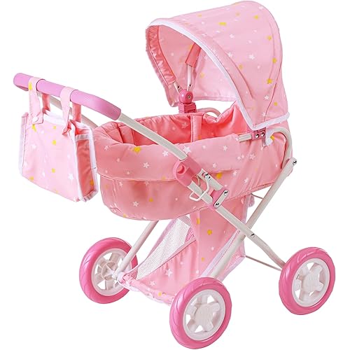 Olivia's Little World - Play Baby Doll Bassinet Stroller, Baby Doll Pram Stroller Buggy for 3 4 5 Year Old Girls, Toy Stroller for Toddlers 1-3, Twinkle Stars Princess Deluxe Toy Stroller - Pink/White