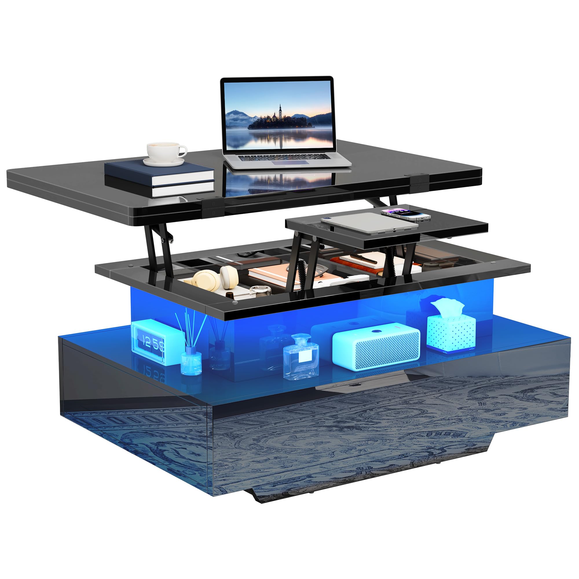 YITAHOME Table Basse Relevable Extensible, Haut Brillant Table de Salon avec LED Moderne et 2 Tiroirs, 4 en 1 Table Basse Transformable pour Le Salon