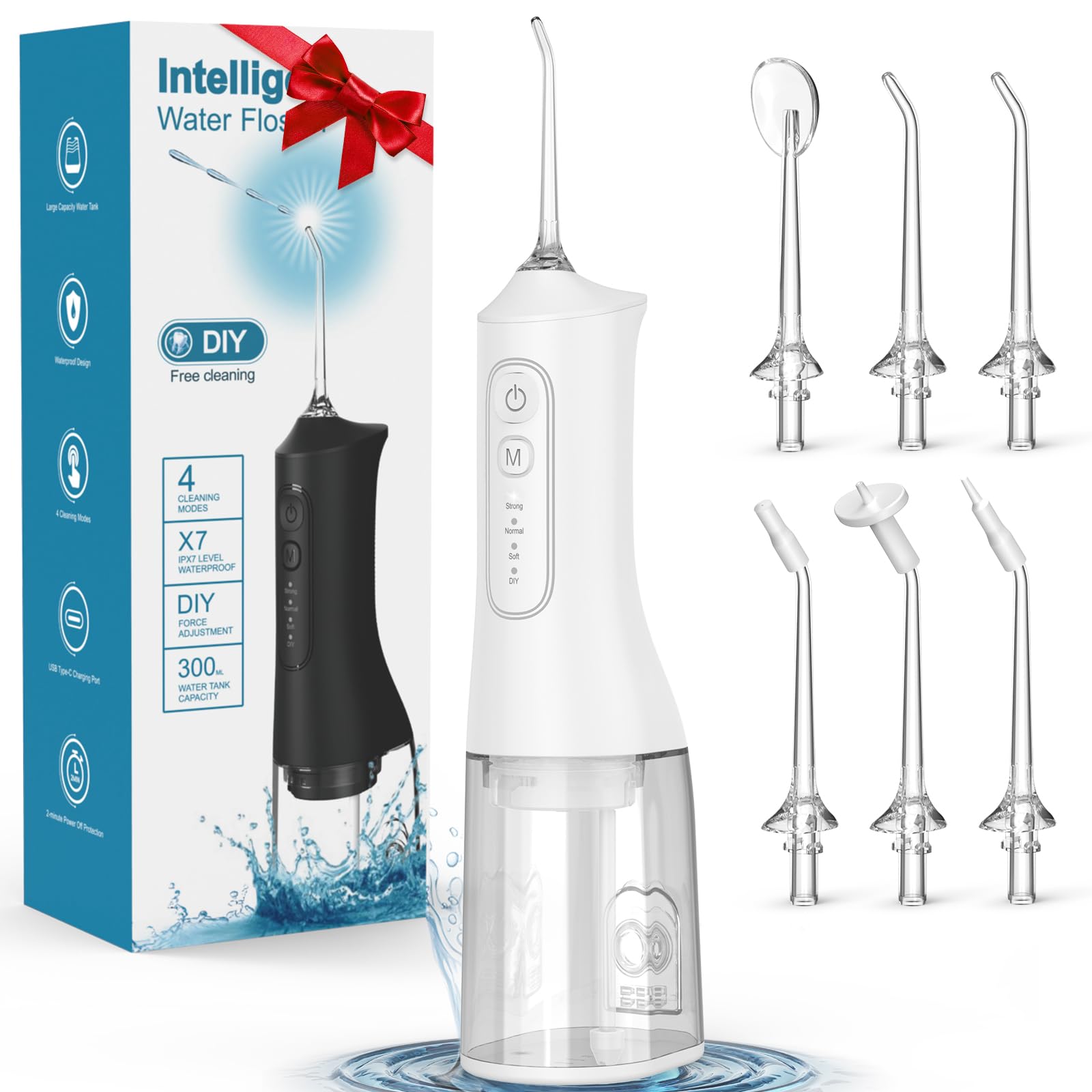 Water Flosser, Rechargeable 300ML IPX7 Waterproof Cordless Portable Oral Irrigator with 4 Modes & 6 Replaceable Jet Tips-Professional Flossing Cleaner
