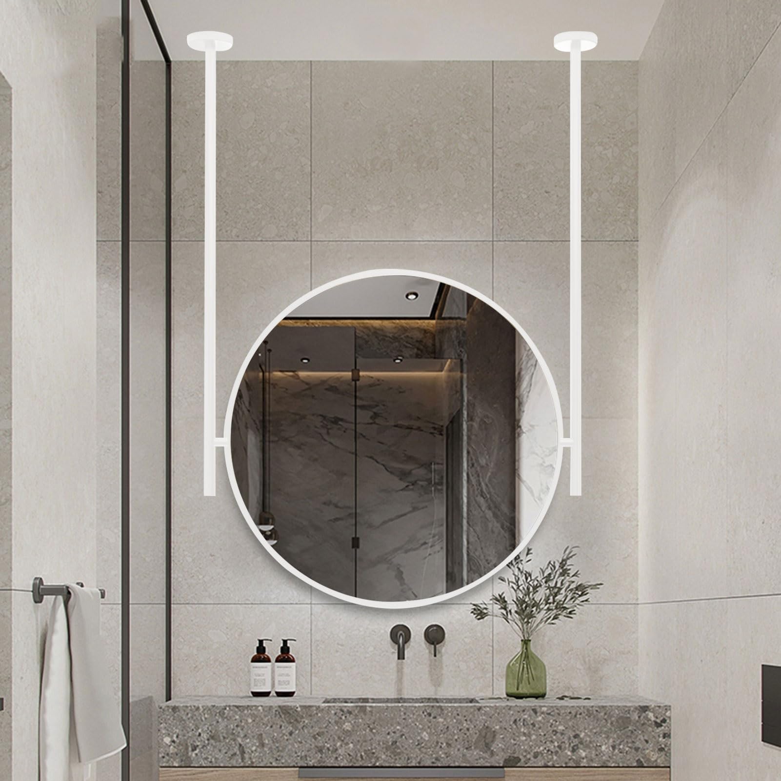 Okrągłe lustro ścienne, duże lustro łazienkowe Lustro wiszące pod sufitem Lustro montowane na ścianie Okrągłe lusterka kosmetyczne do makijażu z metalowym drążkiem do zawieszania i podwójnym