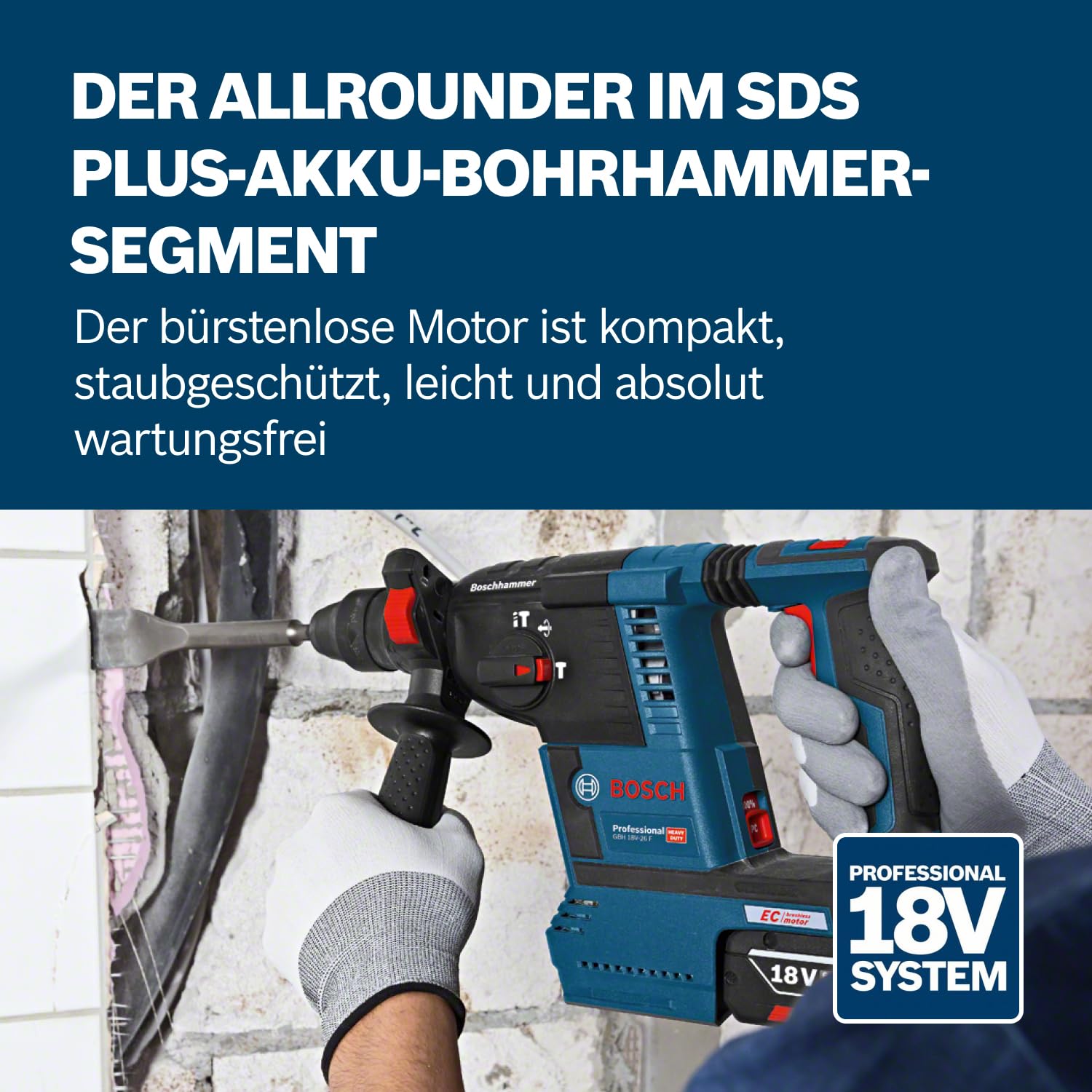 Bosch Professional 18V System Akku Bohrhammer GBH 18V-26 (SDS Plus, Bohr-Ø max: Beton/Stahl/Holz 26/13/30mm, inkl. Zusatzhandgriff, Tiefenanschlag 210mm, Maschinentuch, L-BOXX, ohne Akku/Ladegerät)