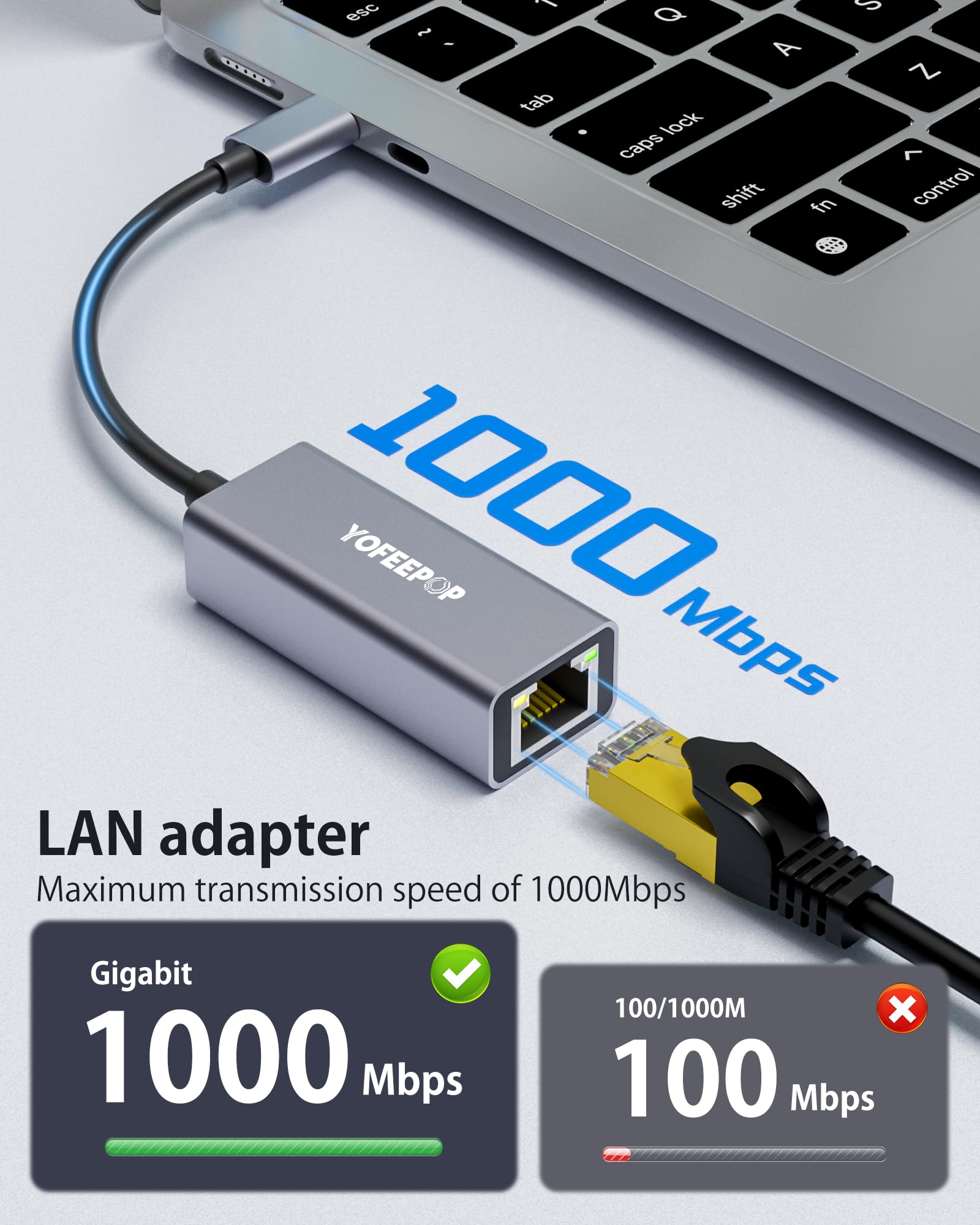 USBC to Ethernet Adapter, Gigabit Network Adapter, 1000Mbps LAN Ethernet to USB C Compatible with iPhone 15/16/17,MacBook Pro/Air,iPad Pro,Mac — view 3