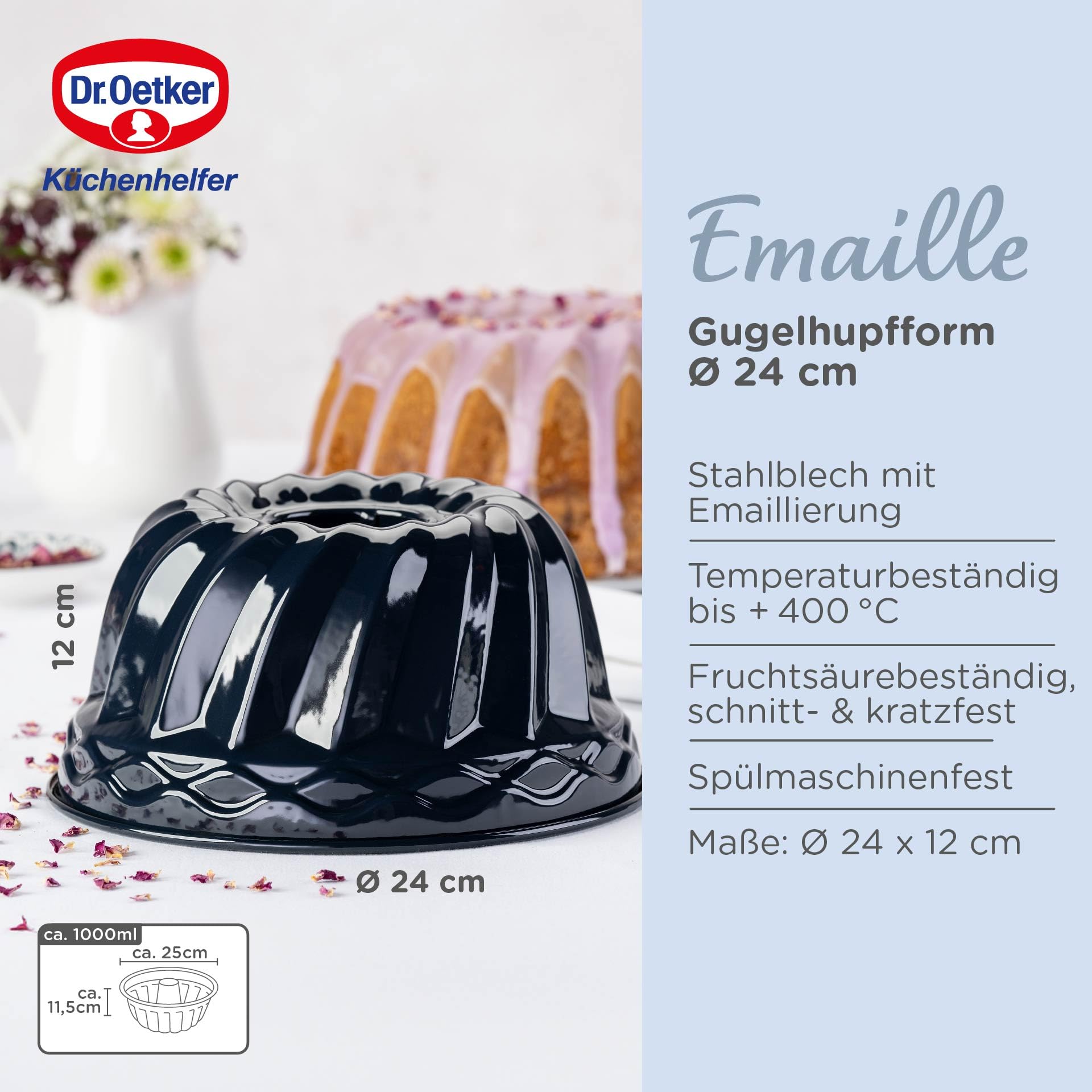 Dr. Oetker Guglhupf Backform Ø 24 cm Back-Liebe Emaille – Schnitt- & kratzfeste Gugelhupf Form mit Emaille – 24er Gugelhupfform in Dunkelblau