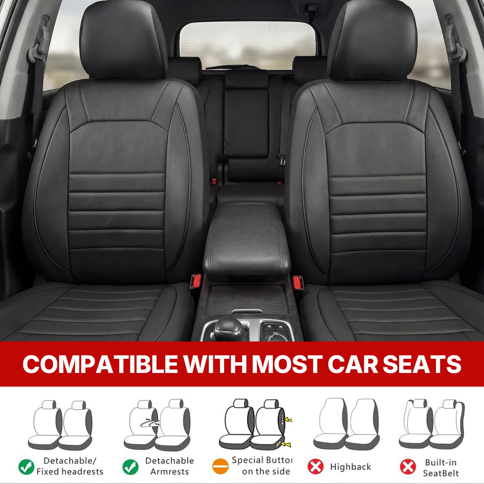 AUTOYOUTH Fundas universales para asientos delanteros de coche, de piel sintética, impermeables, color negro, compatibles con airbag, par para SUV, furgoneta, sedán