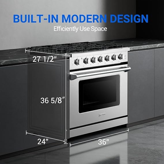 AAOBOSI 36 Inch Front Control Gas Range Oven,78000 BTU Convection Oven | 6 Cu. Ft 6 Cooktop Burners, Self Clean, Freestanding Heavy Duty Gas Range Stove with Halogen Light,Large Capacity