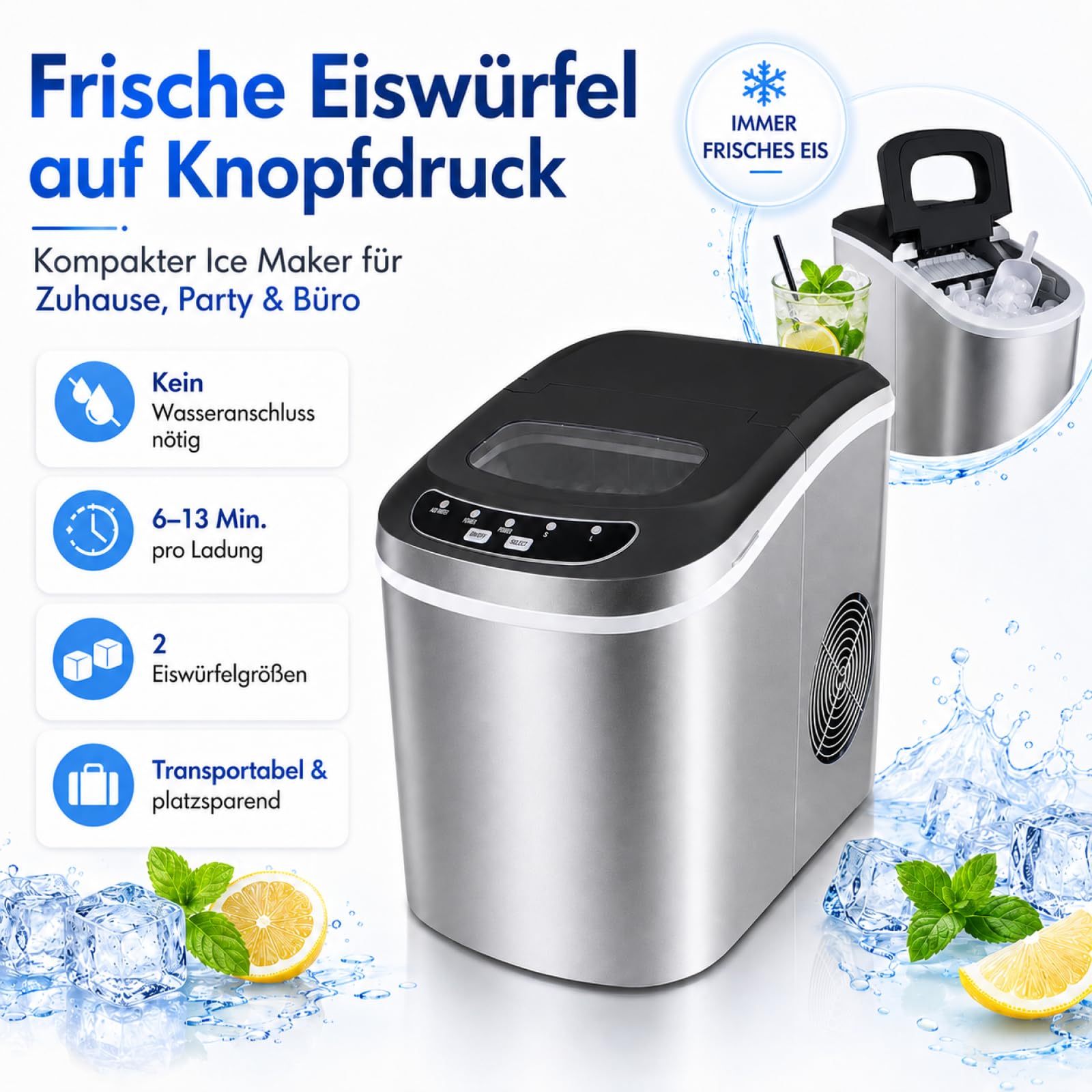 Eiswürfelmaschine Eiswürfelbereiter Eiswürfel Ice Maker EIS Maschine Icemaker (Edel Stahl)