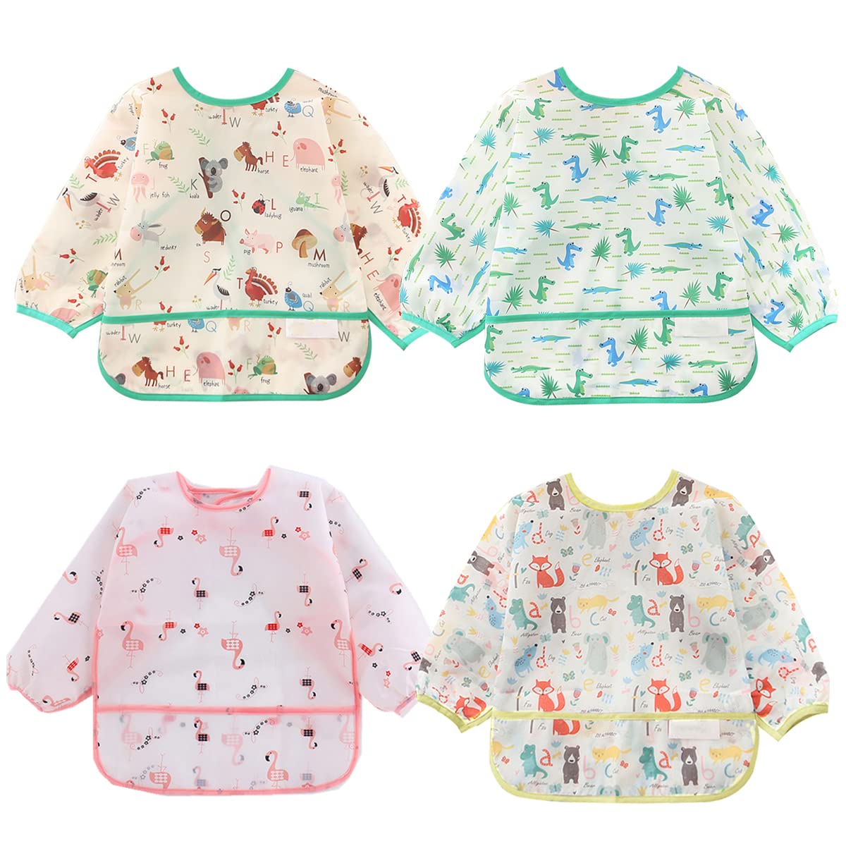 ElecMotive4 PcsWaterproof Long Sleeved Bibs Baby Weaning Bibs for Toddler 3-24 Months