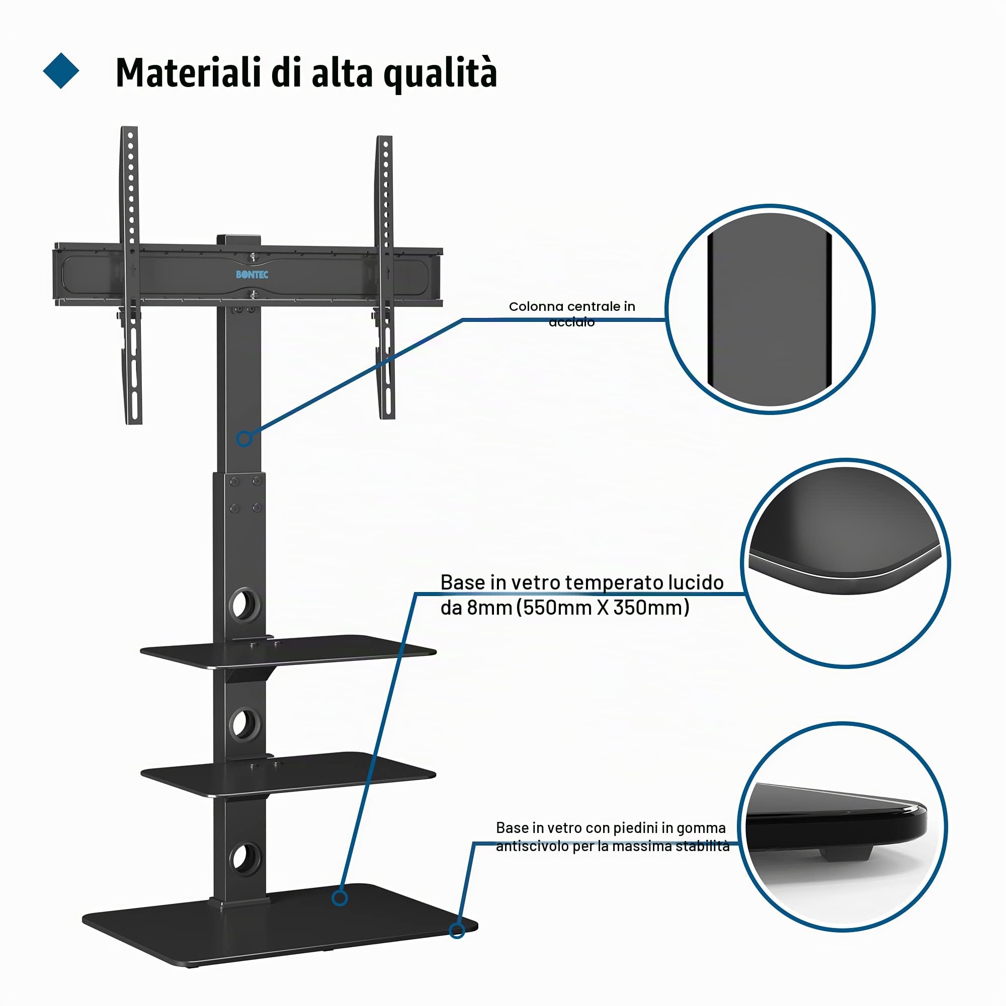 BONTEC Universale Supporto TV da pavimento per TV da 30-70 pollici LED OLED LCD, Porta TV da Terra Regolabile in Altezza con Ripiani in Vetro Temperato a 3 Livelli Max VESA 600x400mm, Fino a 40KG