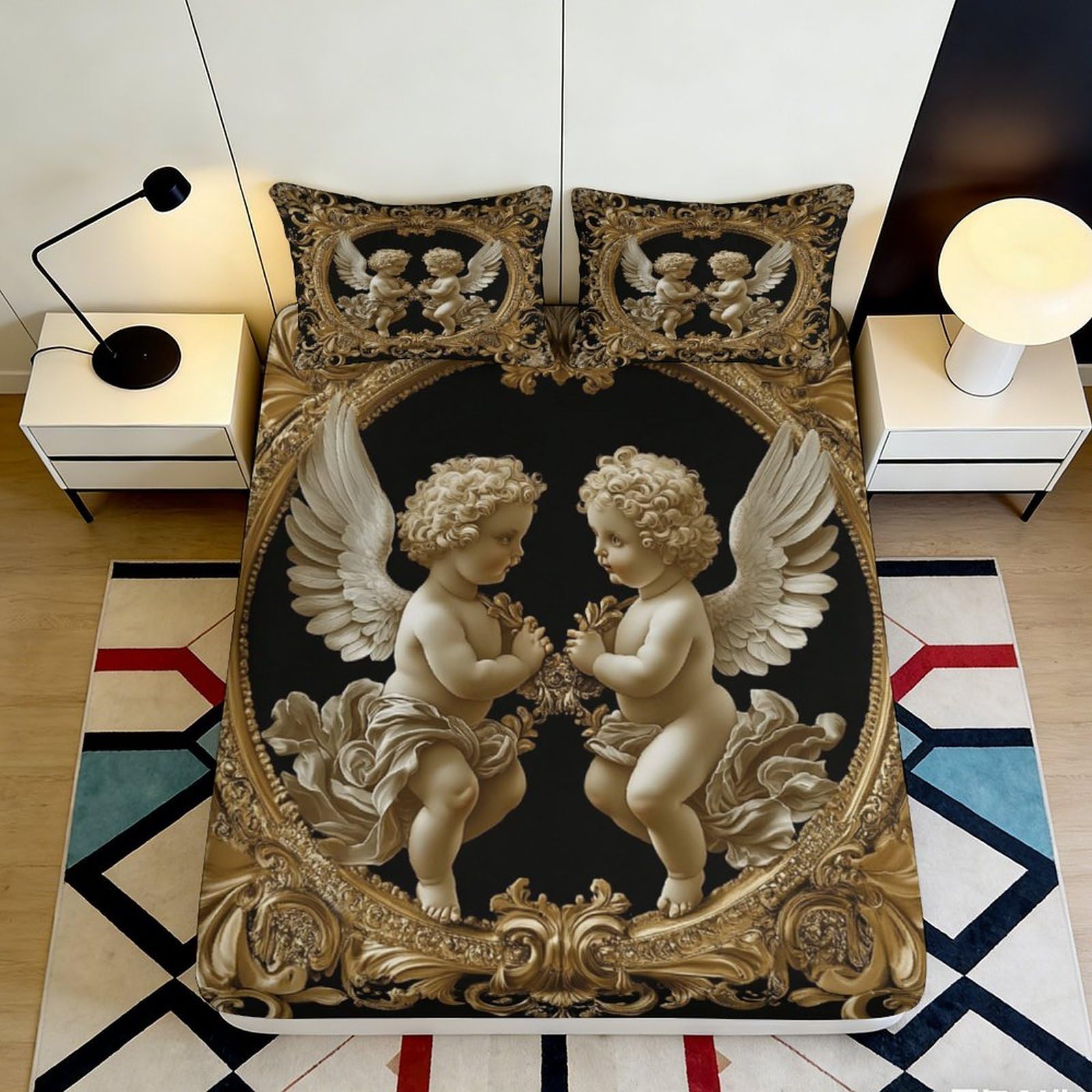 3D Printed Baroque Angel Fitted Sheet Microfiber Soft Breathable Renaissance Cherub Bed Cover for Bedroom Decor 90x200x25cm
