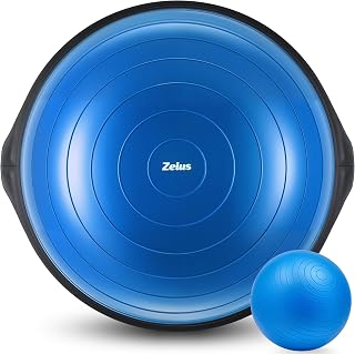 ZELUS 25in. Balance Ball | 660lb Inflatable Half Exercise Ball Wobble Board Balance Trainer w Nonslip Base | Half Yoga Ball Strength Training Equipment w 2 Bands, Pump, Extra Ball Included
