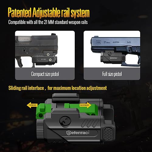 Miniatura 4 de DEFENTAC Luz de pistola deslizante de 450 lm y mira láser azul, luces estroboscópicas y momentáneas para armas, recargable magnética (combo de luz