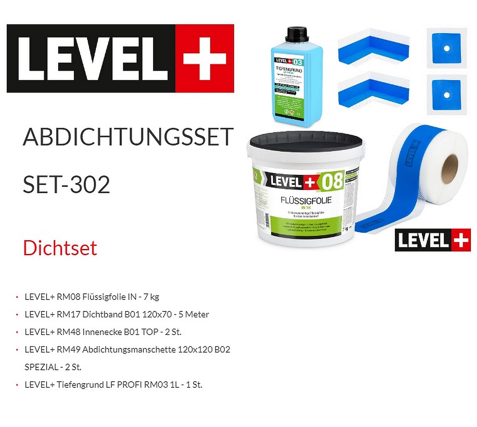 Dichtset 7 Kg Flüssigfolie, 2 Innenecken, 2 Wandmanschetten, 5m Dichtband | Tiefengrund 1 L Abdichtungsset Bandset Dusche Bad Küche SET302