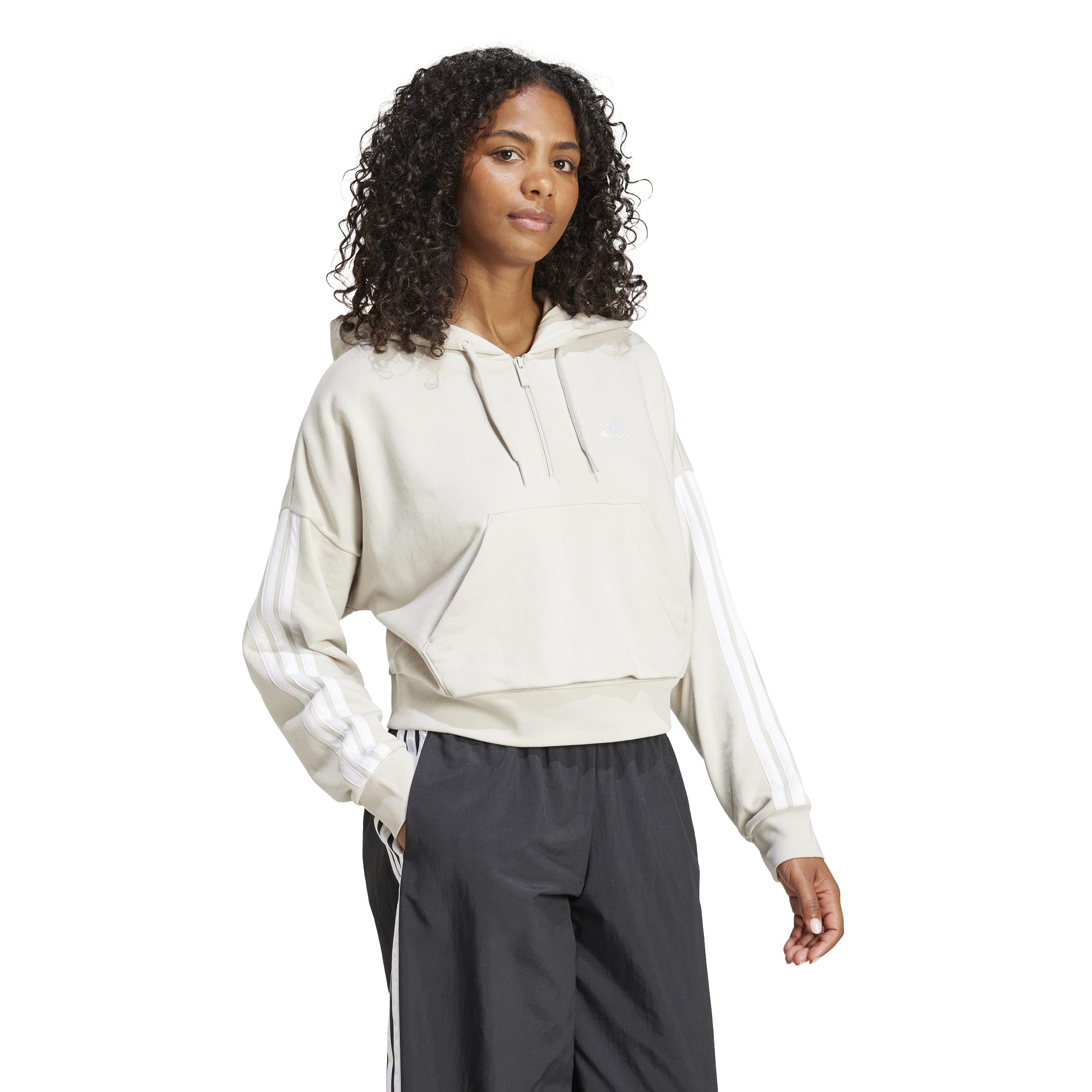 adidas Women Felpa con Cappuccio Essentials 3-Stripes French Terry Quarter-Zip
