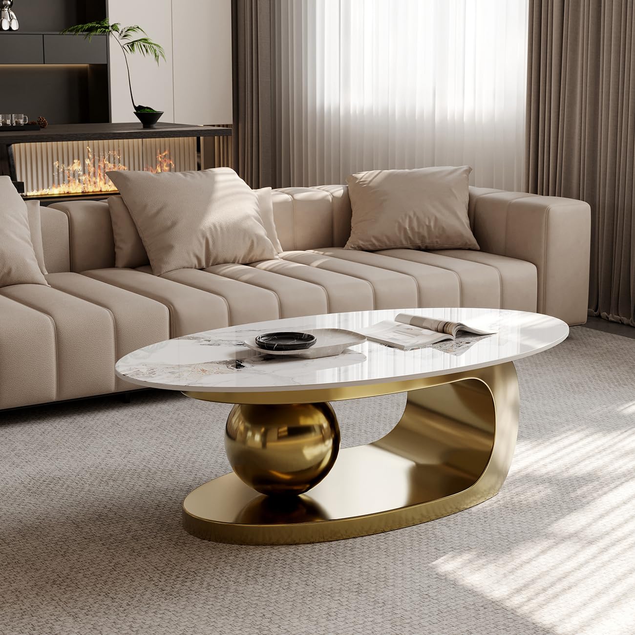 (Base only) Modern Coffee Table for Living Room, 51.2" Oval Coffee Table with Sintered Stone Top, Golden Stainless Steel Base, Unique White and Gold Coffee Table Living Table Tea Table