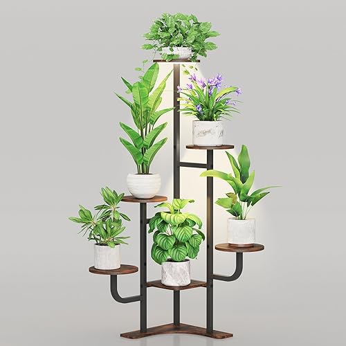 Miniatura 9 de Soporte de esquina para plantas con luz de crecimiento, soporte para plantas de 6 niveles, estante redondo de metal para plantas con luz ajustable,