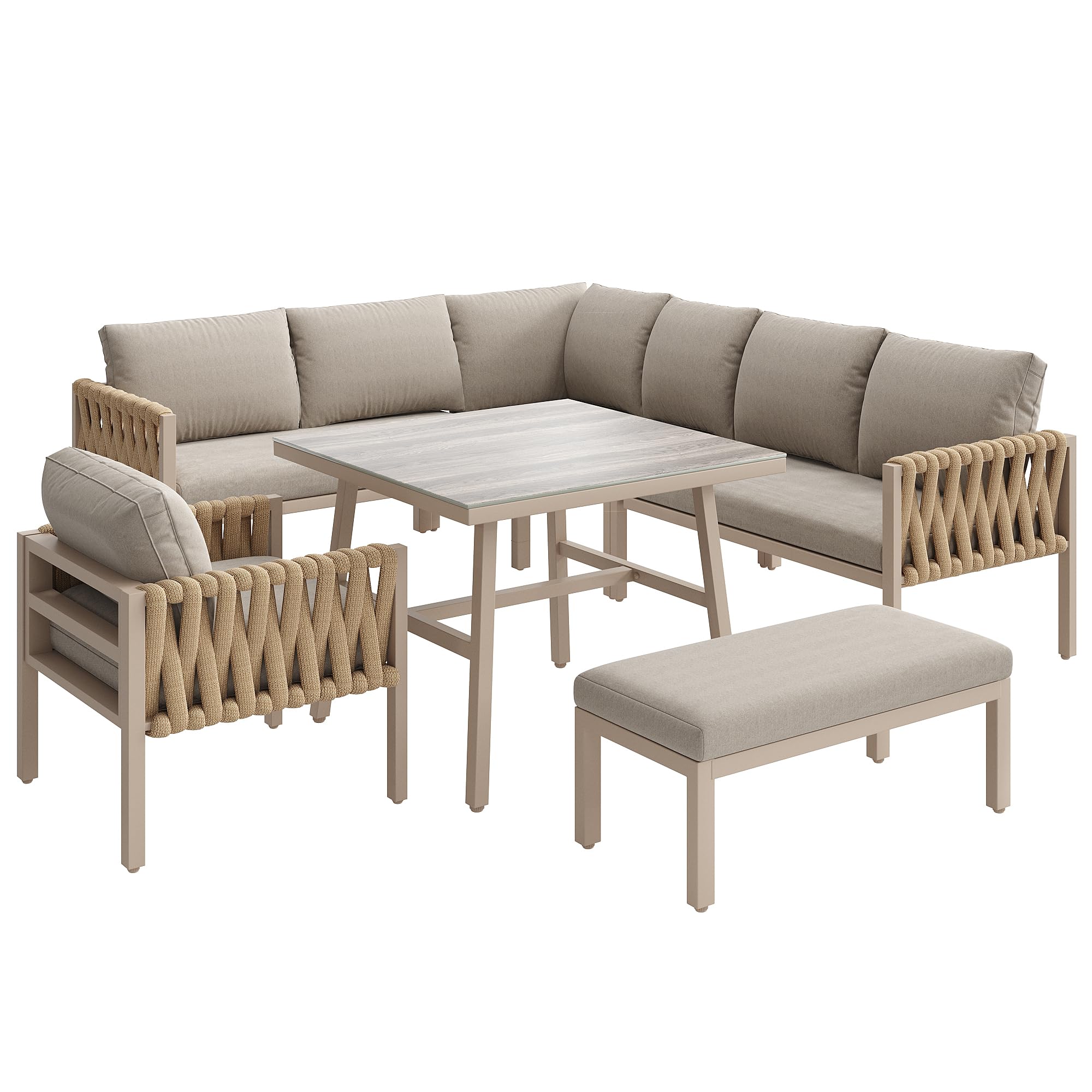 Set di mobili da giardino per 8-9 persone, set da salotto da giardino con cuscino e tavolo, divano angolare in ferro zincato, corda spessa intrecciata a mano, set da pranzo per giardino, balcone