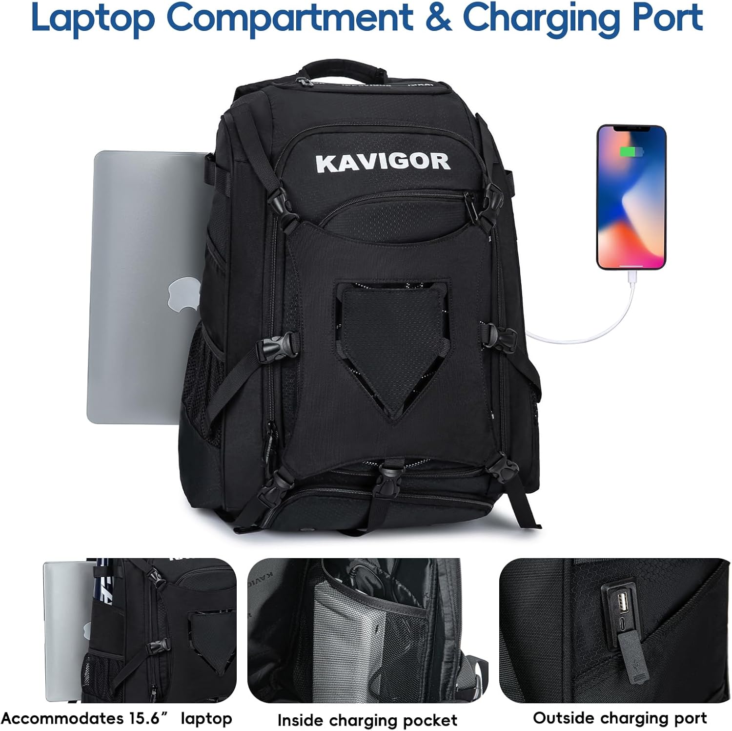 KAVIGOR Baseball Bag for Youth and Adult, Softball Backpack 50L Large Capacity, Equipment Backpack with Laptop Compartment and Charge Port