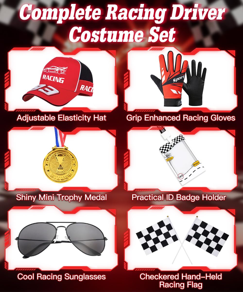 Costume da Pilota da Corsa Uomo, Tuta da Pilota per Adulti con Accessori, Occhiali da Sole Guanti Cappello Porta Badge, Costume da Pilota di Auto da Corsa per Carnevale Halloween Festa