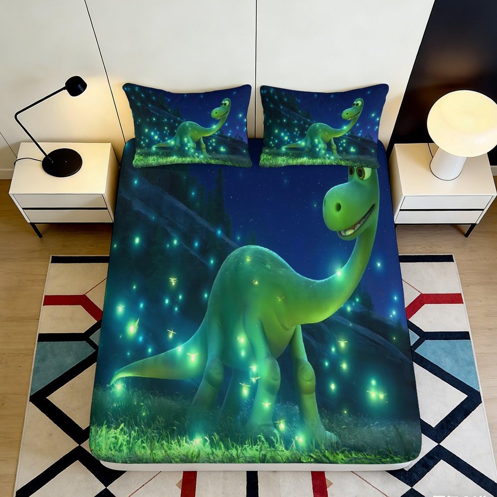 3D Printed Glowing Dinosaur Fitted Sheet Microfiber Soft Green Fantasy Bed Cover for Bedroom Dorm Mattress Decor 90x200x25cm