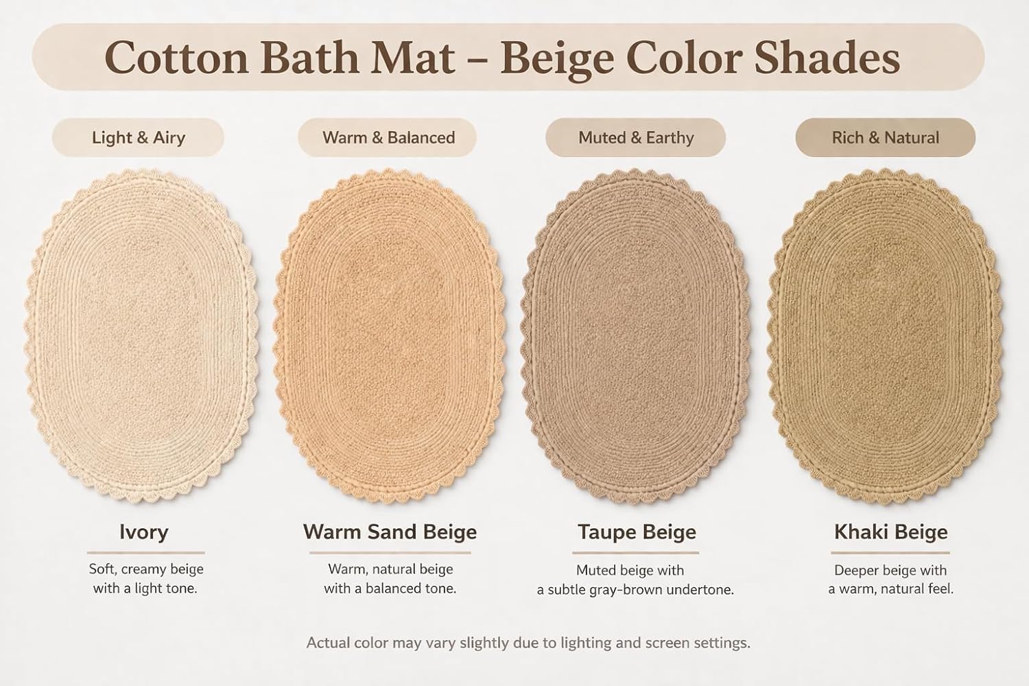 Royal Blaze Crochet Bath Rug 100% Cotton Reversible, 18”x26” Sand Beige Oval Bath Mat, Washable Plush Bathroom Rug, Tufted Loop Design with Quick-Dry Technology, Machine Washable