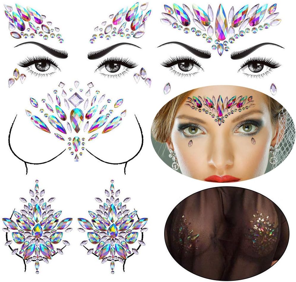 Rhinestone Face Gems Jewels and Chest Body Gems Sticker Set, Crystals Body Jewels Breast Pasties Tattoo Sticker, Mermaid Face Jewel Gems, Rave Festival Body Gem Stones Bindi Sticker,4-Pack