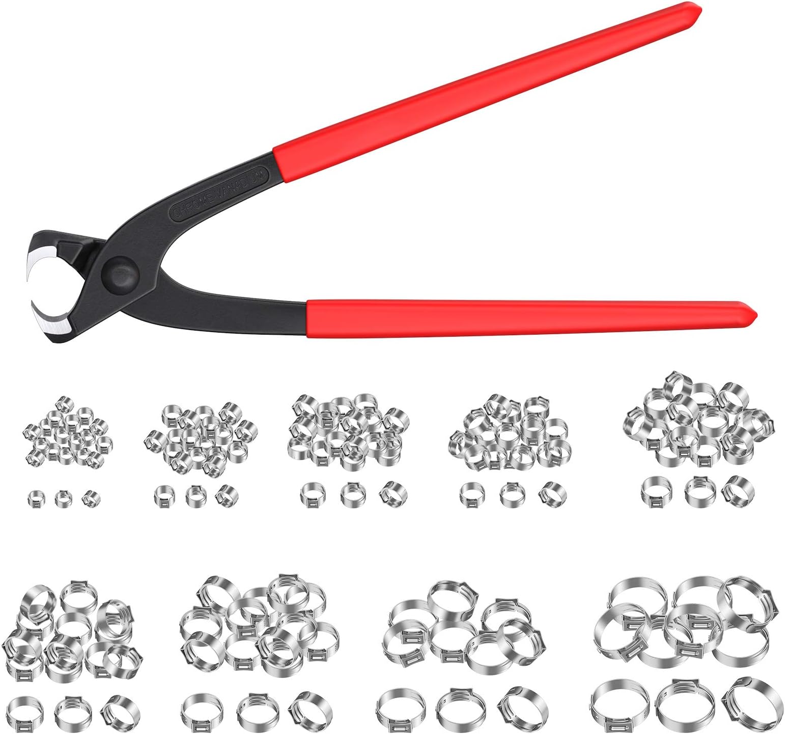 Stepless Hose Clamp AMTOVL Single Ear Stepless Hose Clamps Ear Hose Clamp Crimper 130PCS 6-21mm 304 Stainless Steel Cinch Clamp Rings Single Ear Hose Clamp Crimper Tool Kit