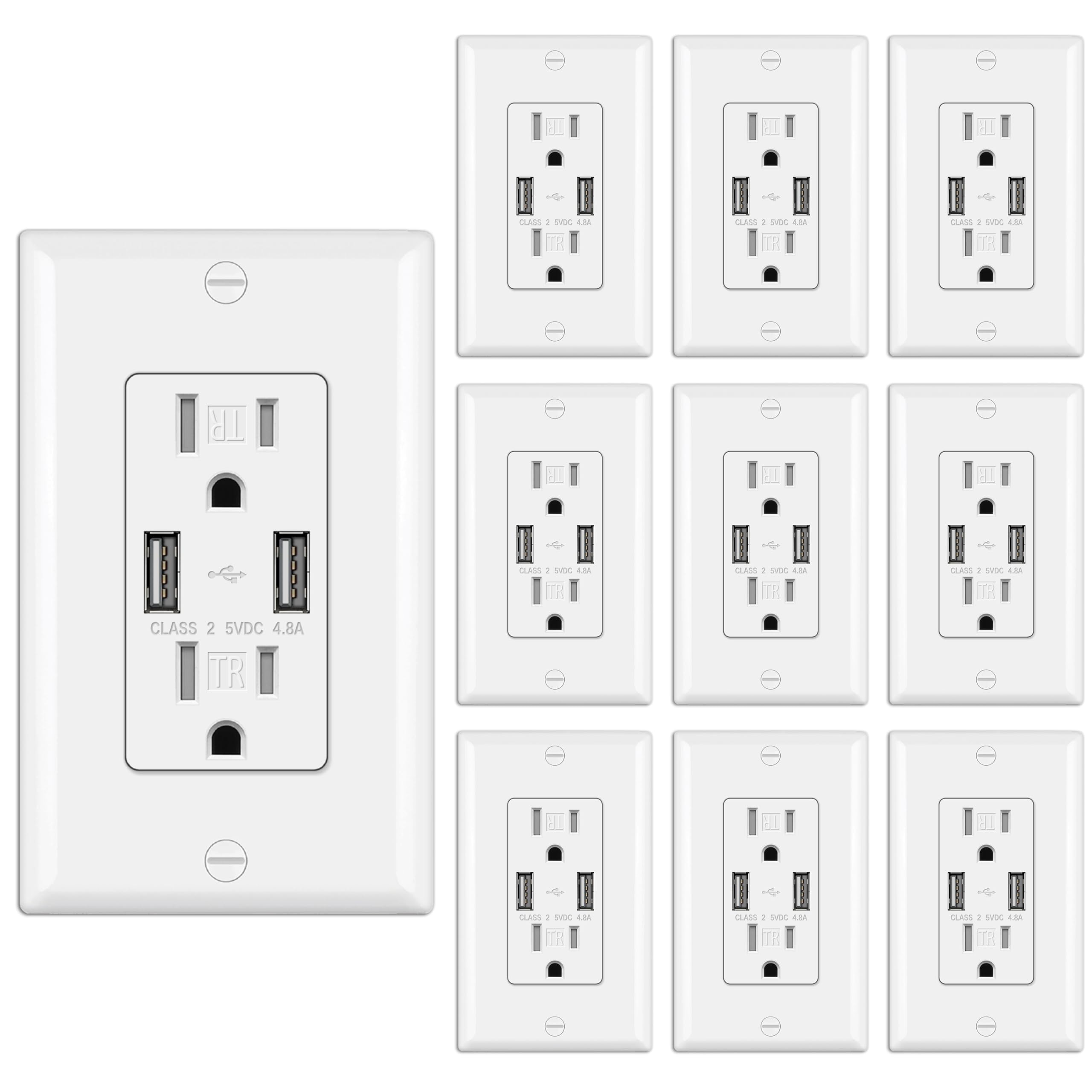 BESTTEN USB Receptacle Outlet, Electrical Outlet with 4.8A Dual High Speed Type A Ports, 15 Amp Ultra Slim USB Wall Receptacle with Tamper-Resistant, Self-Grounding, UL Listed, 10 Pack, White