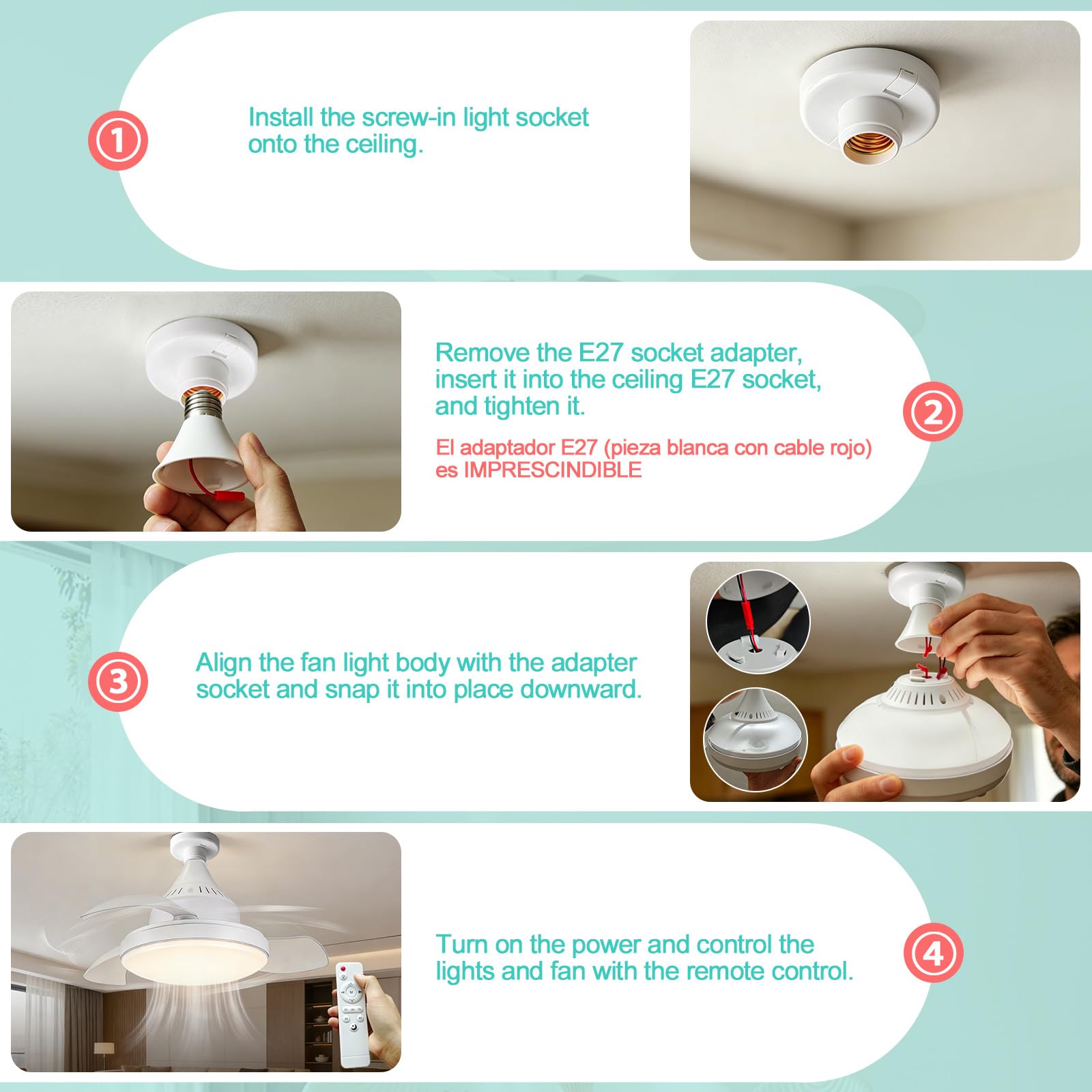 Ventilatore da Soffitto con Luce E27 40cm, Adattatore E27 Incluso, Lampada Ventilatore LED Silenzioso 20-30dB con Telecomando, Dimmerabile 12 Livelli & 3 Colori, Timer 2h/4h, per Camera Cucina 15-20m²