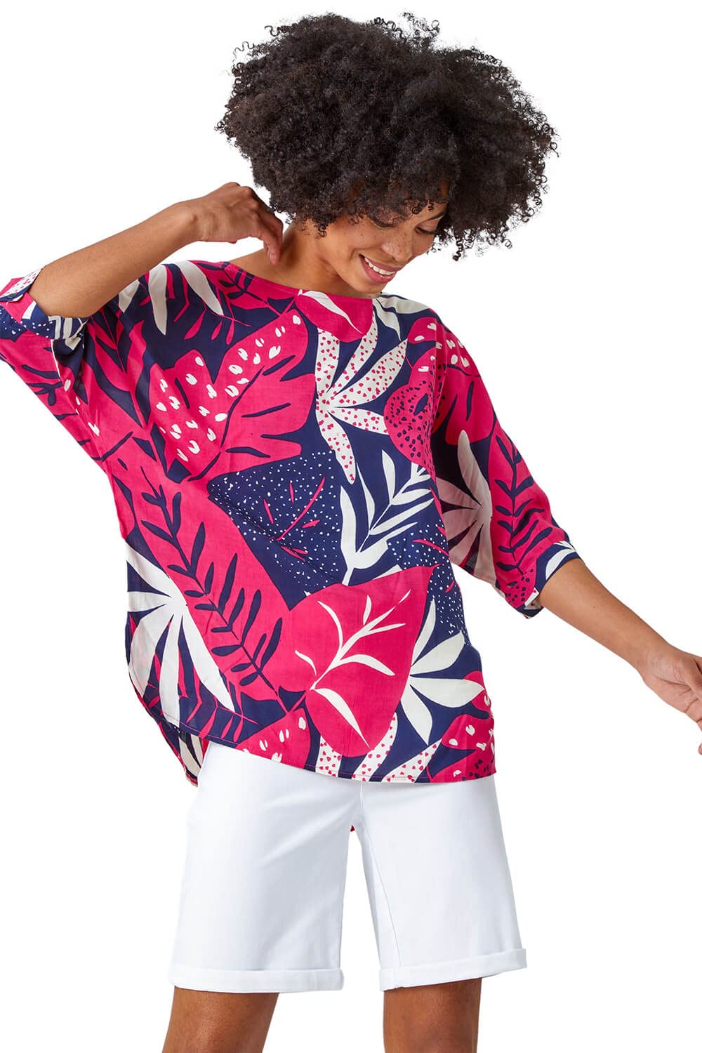 Roman Originals Women's Fuchsia Palm Print Tunic Top For Uk - Everyday Holiday Spring Summer Round Neckline Comfy Soft Evening Vacation Work Party - Size 12