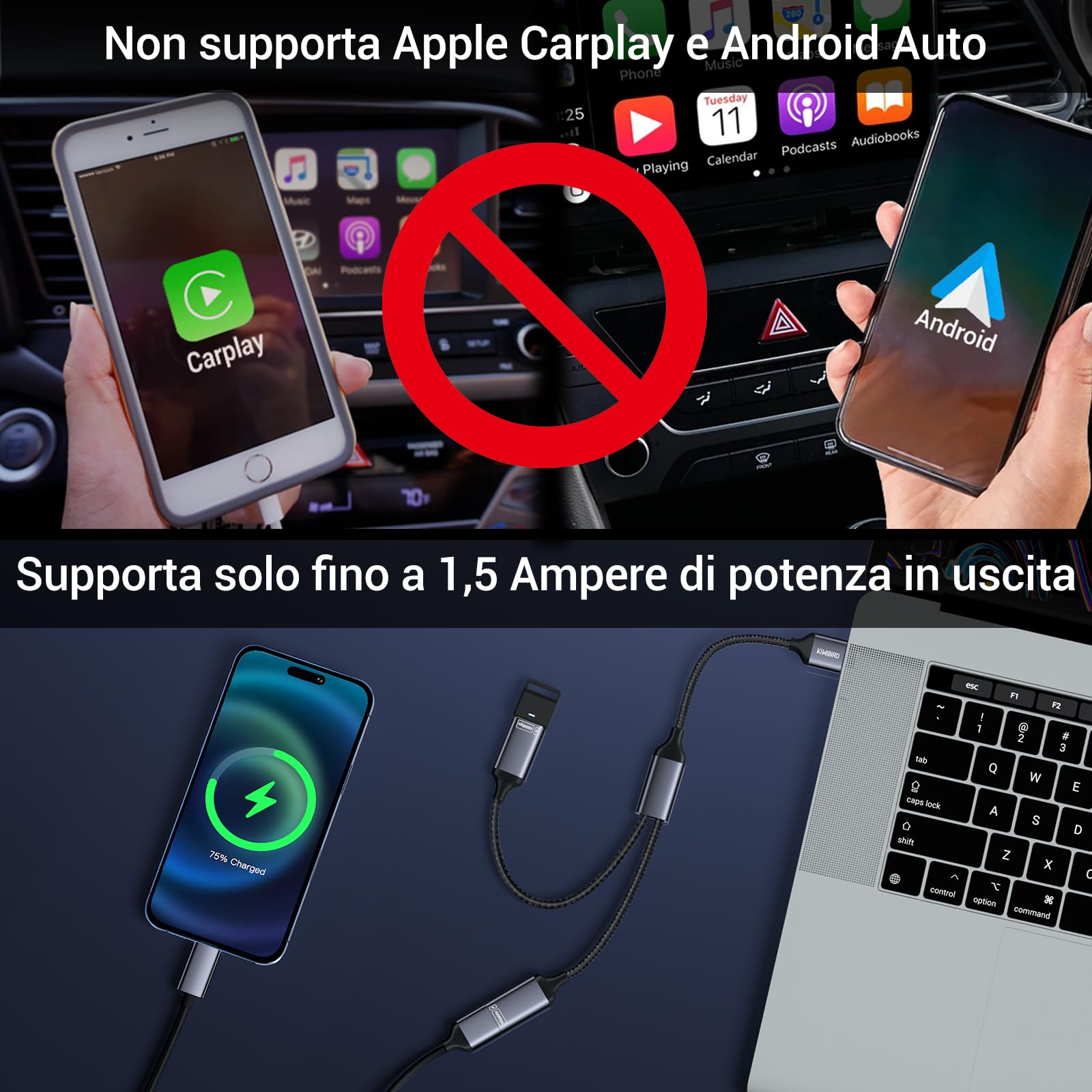 KiWiBiRD sdoppiatore splitter USB, cavo USB doppio, doppia presa estensione ricarica per alimentazione dati, adattatore USB2.0 maschio femmina compatibile con PC stampante mouse tastiera TV PS5 Mac